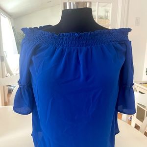 Pink Rose , sheer cobalt blue top